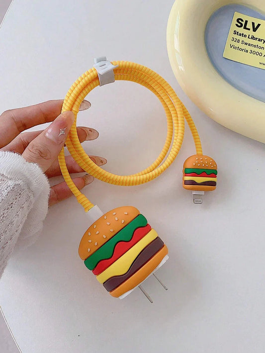 Iphone Charger Case Cover - Burger - 4 Piece Set (With Wire Protector)