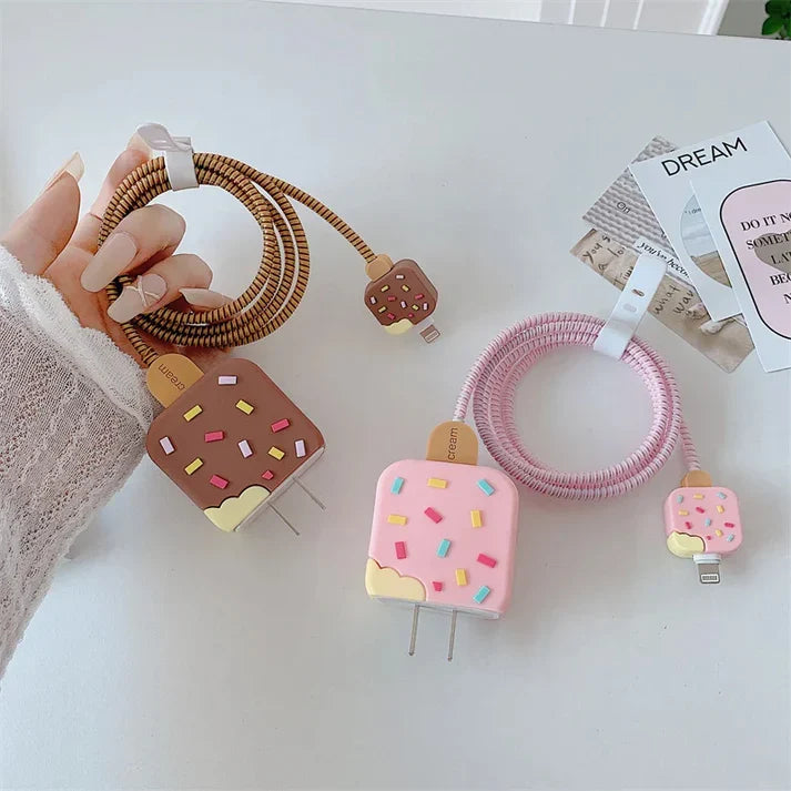 Iphone Charger Case Cover - Ice Cream Brown- 4 Piece Set (With Wire Protector)