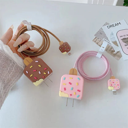 Iphone Charger Case Cover - Ice Cream Brown- 4 Piece Set (With Wire Protector)