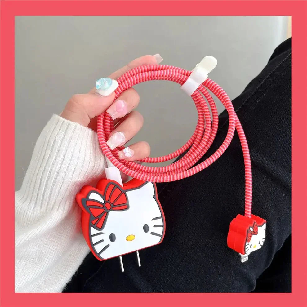 Iphone Charger Case Cover - Red Kitty - 4 Piece Set (With Wire Protector)