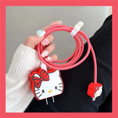 Iphone Charger Case Cover - Red Kitty - 4 Piece Set (With Wire Protector)