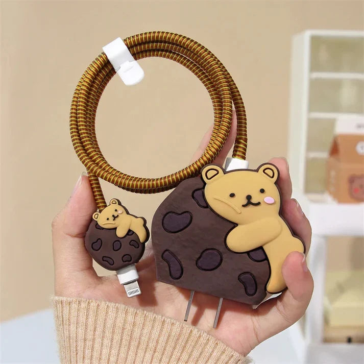 Iphone Charger Case Cover - Bear Cookie - 4 Piece Set (With Wire Protector)