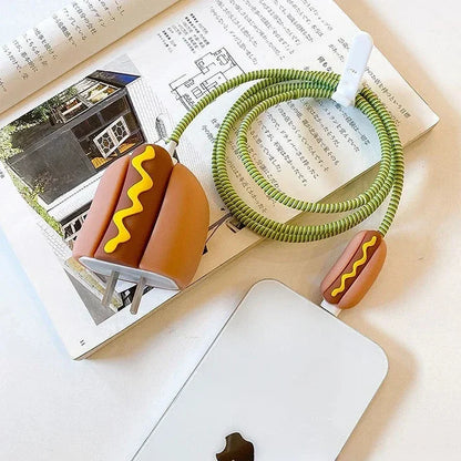 Iphone Charger Case Cover - Hot Dog - 4 Piece Set (With Wire Protector)