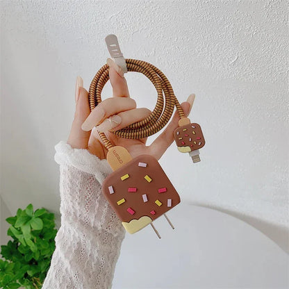 Iphone Charger Case Cover - Ice Cream Brown- 4 Piece Set (With Wire Protector)