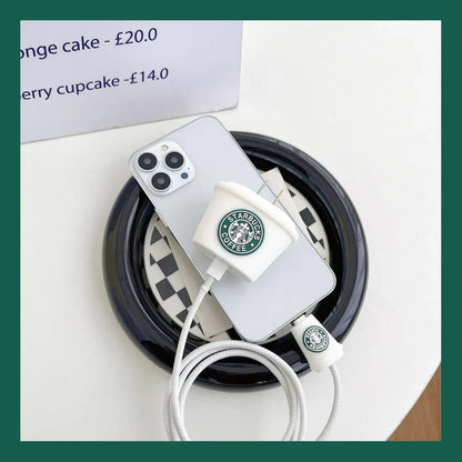 Iphone Charger Case Cover - Starbucks White - 4 Piece Set (With Wire Protector)