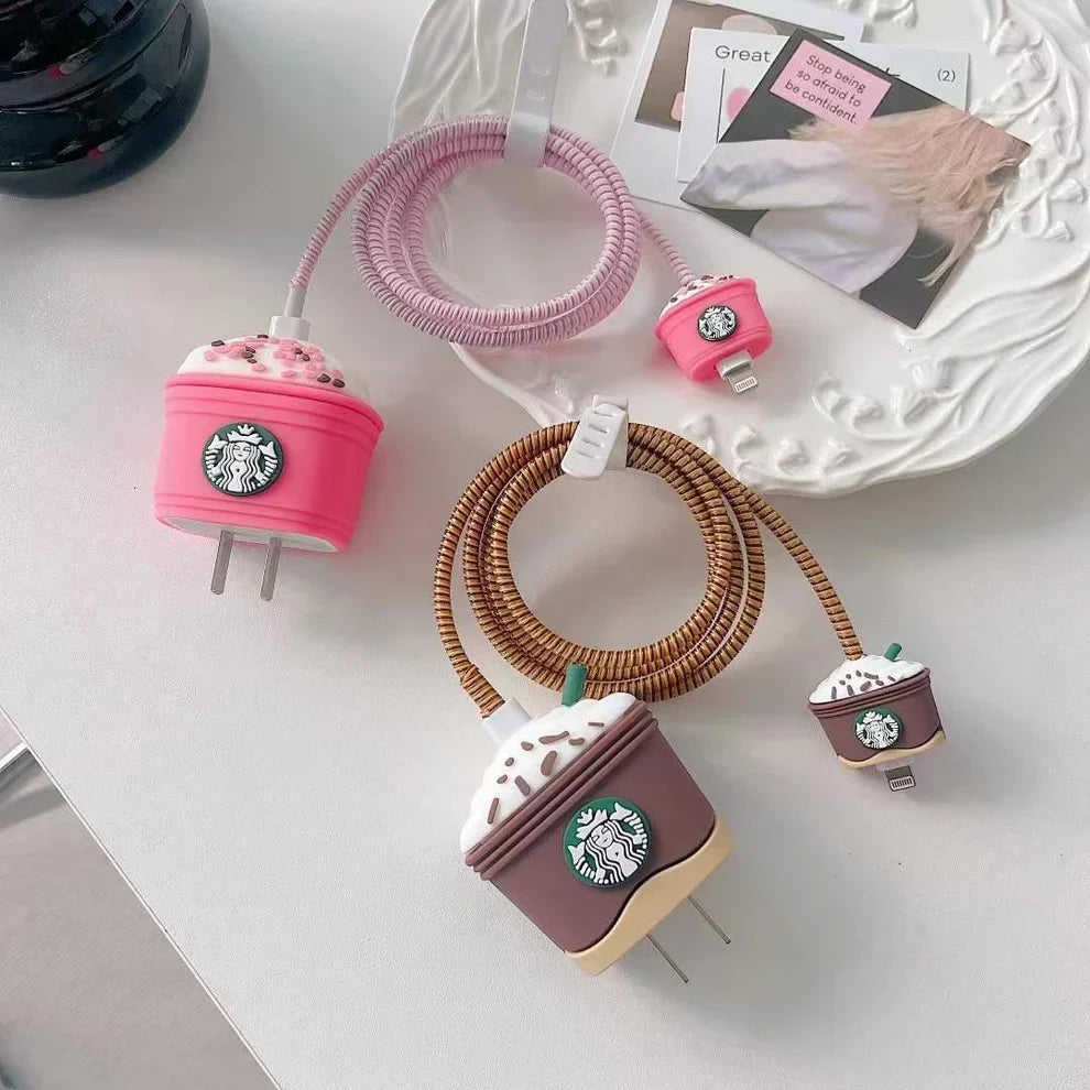 Iphone Charger Case Cover - Brown Starbuck - 4 Piece Set (With Wire Protector)
