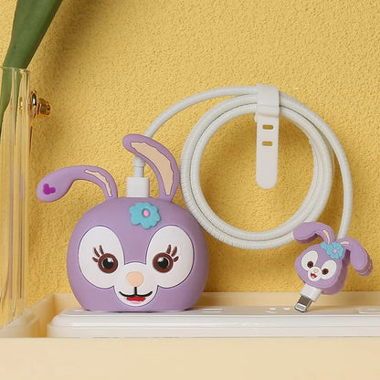 Iphone Charger Case Cover - Purple Rabbit - 4 Piece Set (With Wire Protector)